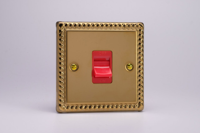 Varilight Georgian Brass 45A Cooker Switch (Single Plate, Red Rocker)