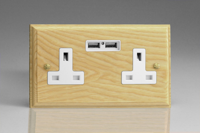 Varilight Ash Kilnwood 2-Gang 13A Unswitched Socket + 2x5V DC 2100mA USB Charging Ports