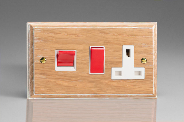 Varilight Limed Oak Kilnwood 45A Cooker Panel with 13A Double Pole Switched Socket Outlet (Red Rocker)