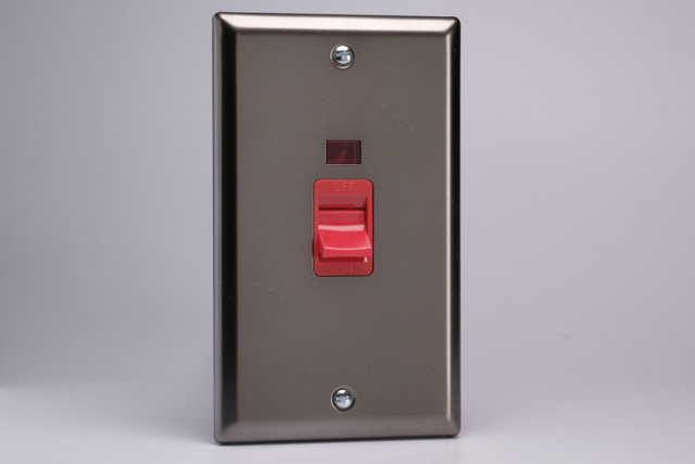 Varilight Pewter 45A Cooker Switch + Neon (Vertical Twin Plate, Red Rocker)