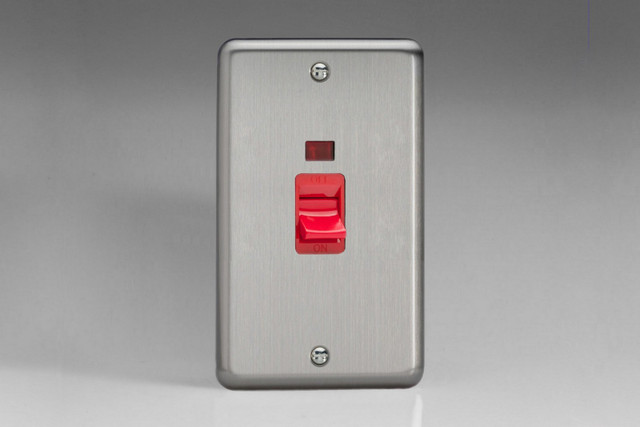 Varilight Matt Chrome 45A Cooker Switch + Neon (Vertical Twin Plate, Red Rocker)