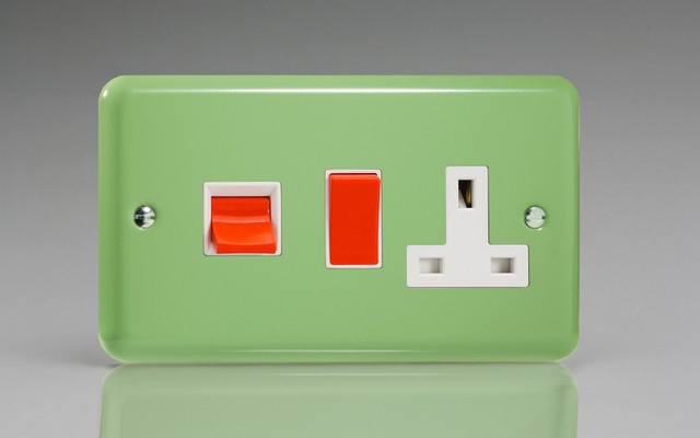 Varilight Beryl Green Lily 45A Cooker Panel with 13A Double Pole Switched Socket Outlet (Red Rocker)