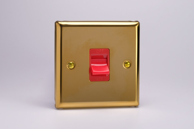 Varilight Victorian Brass 45A Cooker Switch (Single Plate, Red Rocker)