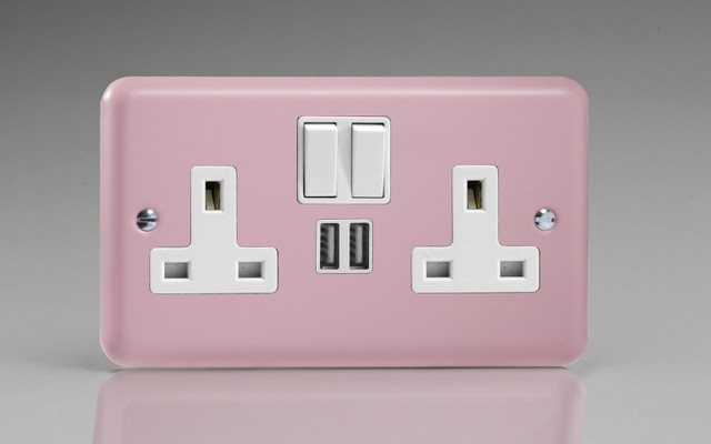 Varilight Rose Pink Lily 2-Gang 13A Single Pole Switched Socket + 2x5V DC 2100mA USB Charging Ports