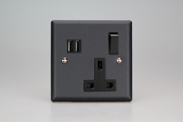 Varilight Matt Black 1-Gang 13A Single Pole Switched Socket + 2x5V DC 3400mA USB Charging Ports