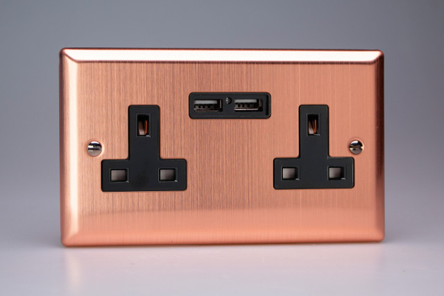 Varilight Brushed Copper 2-Gang 13A Unswitched Socket + 2x5V DC 2100mA USB Charging Ports