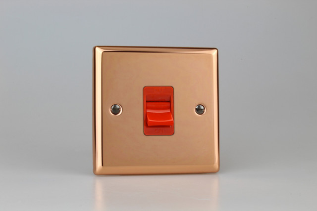 Varilight Polished Copper 45A Cooker Switch (Single Plate, Red Rocker)