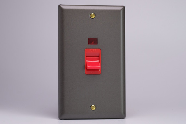 Varilight Slate Vogue 45A Cooker Switch + Neon (Vertical Twin Plate, Red Rocker)