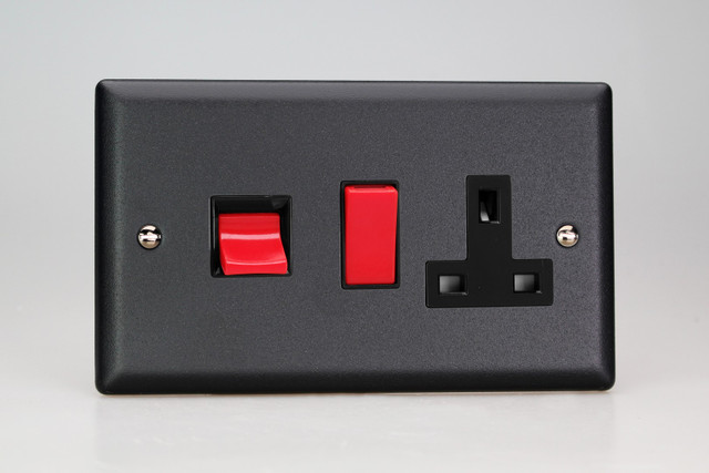 Varilight Matt Black Vogue 45A Cooker Panel with 13A Double Pole Switched Socket Outlet (Red Rocker)