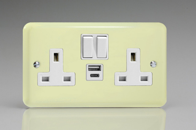 Varilight White Chocolate Lily 2-Gang 13A Single Pole Switched Socket with 1x USB A & 1x USB C Charging Ports