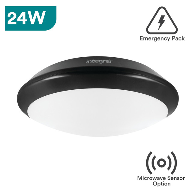 Integral Tough Shell+ IP66 15W-24W 4000K Black/White Bulkhead, Emergency & Microwave Sensor Options