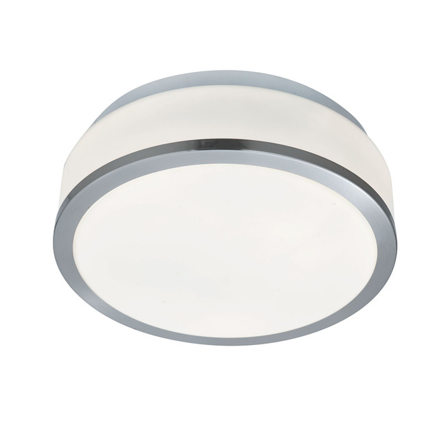 Mirrorstone IP44 23cm 2 Light Flush Fitting With Opal Glass Shade And Satin Silver Trim