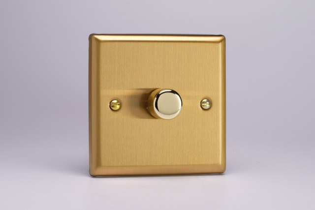 Varilight Brushed Brass 2-Way V-Pro Push On/Off Rotary Polished Brass LED Dimmer 0-120W (1-4 Gang)