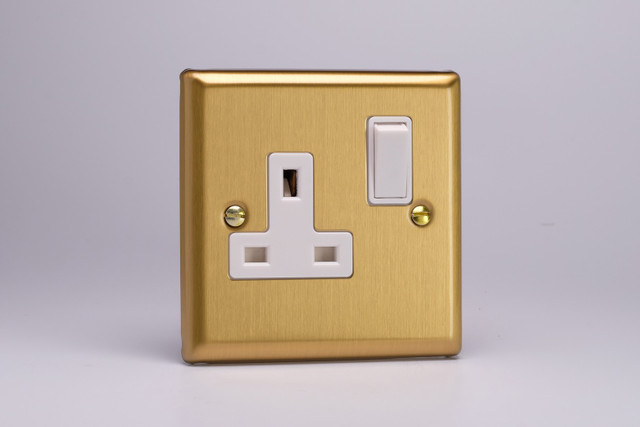 Varilight Brushed Brass 13A Double Pole Switched White Socket (1-2 Gang)