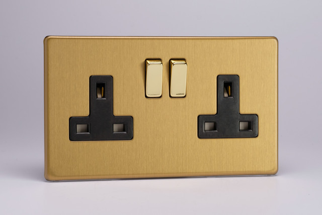 Varilight Brushed Brass Screwless 13A Double Pole Black Switched Socket (1-2 Gang)