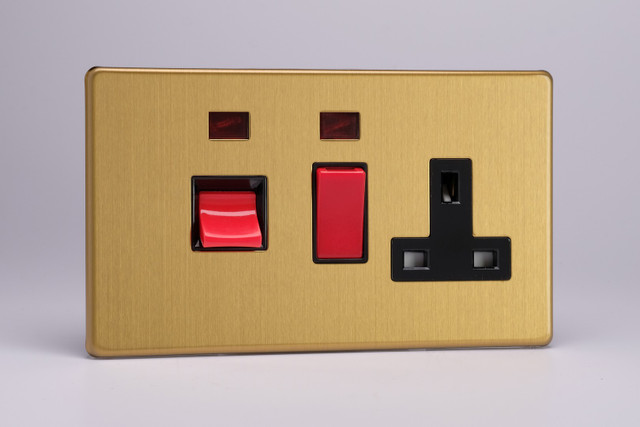 Varilight Brushed Brass Screwless 45A Cooker Panel + Neon with 13A Double Pole Switched Socket Outlet (Red Rocker)