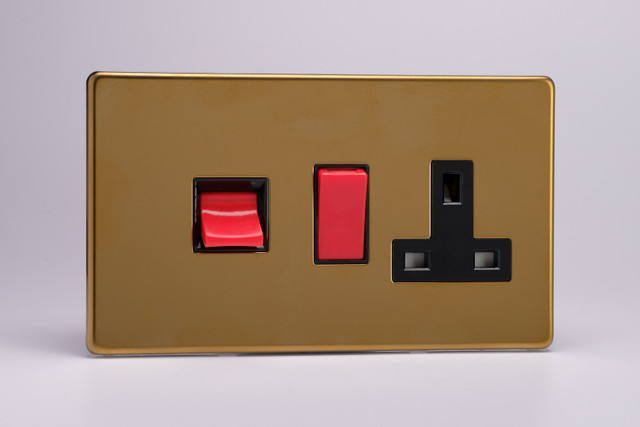 Varilight Polished Brass Screwless 45A Cooker Panel with 13A Double Pole Switched Socket Outlet (Red Rocker)