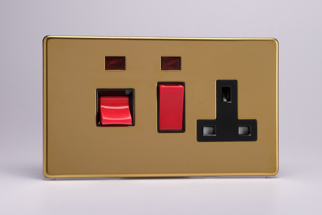 Varilight Polished Brass Screwless 45A Cooker Panel + Neon with 13A Double Pole Switched Socket Outlet (Red Rocker)