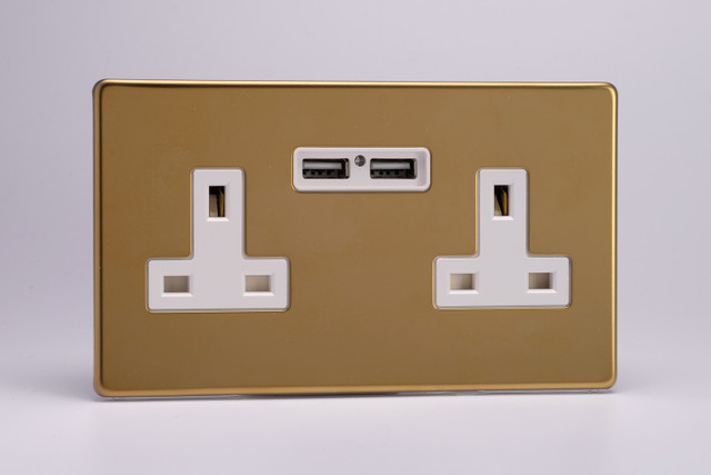 Varilight Polished Brass Screwless 2-Gang 13A Unswitched Socket + 2x5V DC 2100mA USB Charging Ports