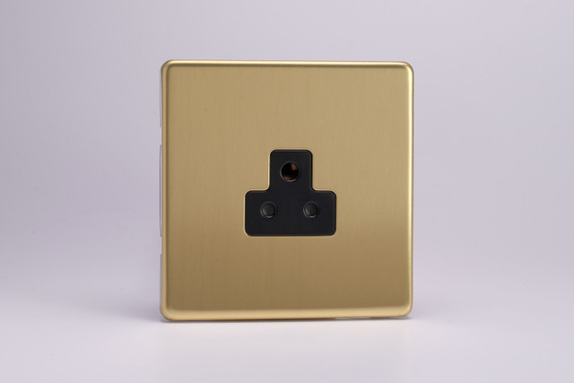 Varilight Polished Brass Screwless 1-Gang Black Round Pin Socket