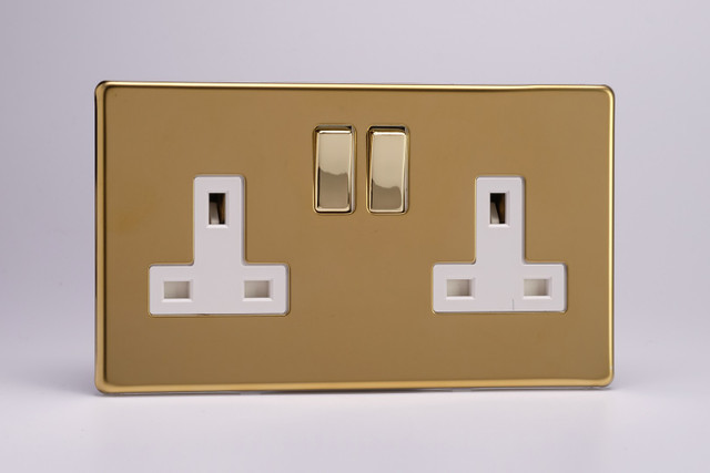 Varilight Polished Brass Screwless 13A Double Pole White Switched Socket (1-2 Gang)