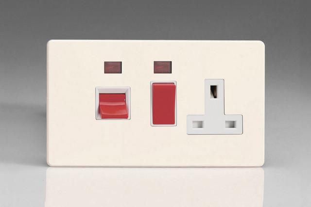 Varilight Primed Screwless 45A Cooker Panel + Neon with 13A Double Pole Switched Socket Outlet (Red Rocker)