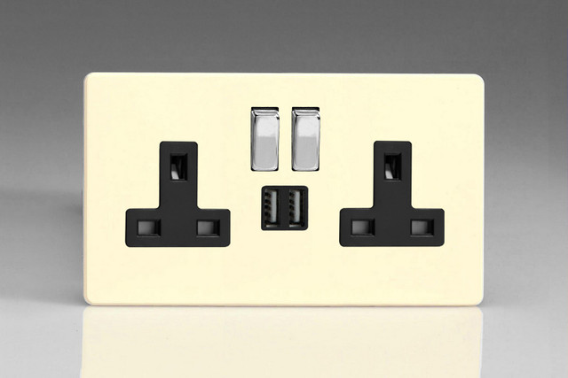 Varilight Primed Screwless 2-Gang 13A Single Pole Switched Socket + 2x5V DC 2100mA USB Charging Ports