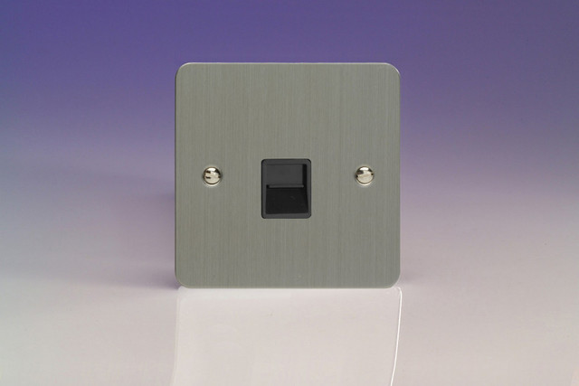 Varilight Brushed Steel Ultraflat 1-Gang Black Telephone Socket