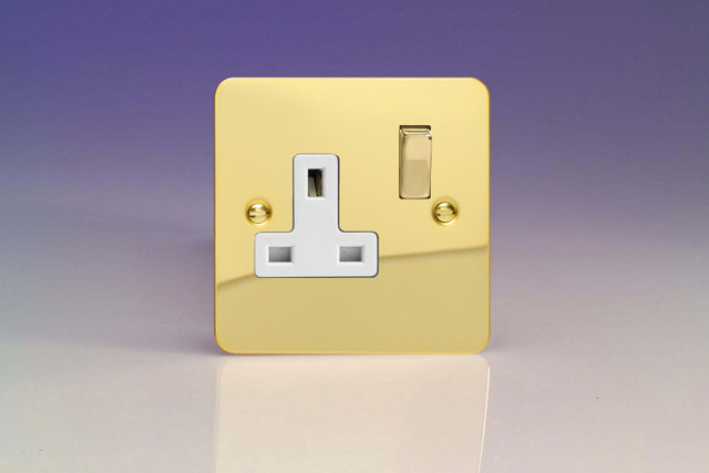 Varilight Polished Brass Ultraflat 13A Double Pole White Switched Socket (1-2 Gang)