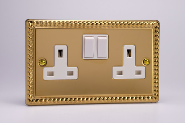 Varilight Georgian Brass 13A Double Pole Switched White Socket (1-2 Gang)