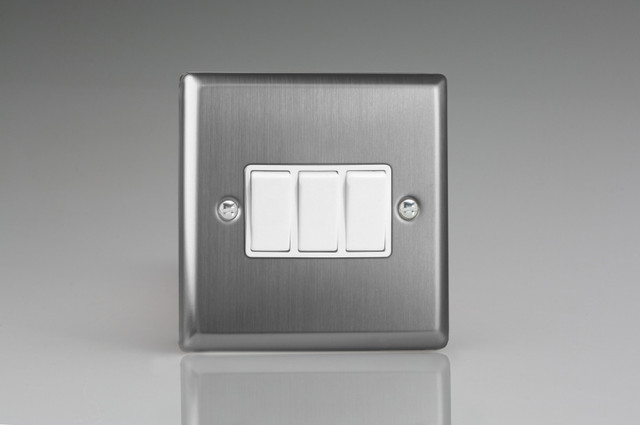 Varilight Brushed Steel 10A 1 or 2 Way White Rocker Switch (1-6 Gang)