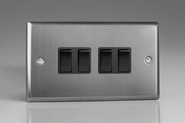 Varilight Brushed Steel 10A 1 or 2 Way Black Rocker Switch (1-6 Gang)