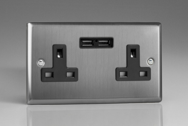 Varilight Brushed Steel 2-Gang 13A Unswitched Socket + 2x5V DC 2100mA USB Charging Ports