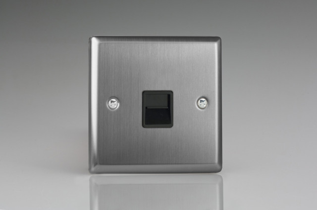 Varilight Brushed Steel 1-Gang Black Telephone Socket