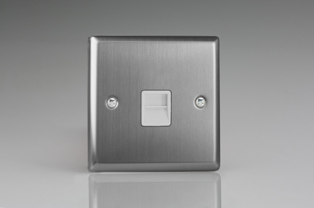 Varilight Brushed Steel 1-Gang White Telephone Socket