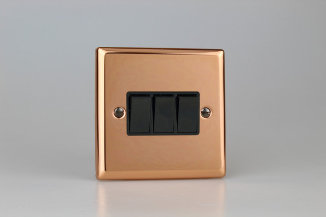 Varilight Polished Copper 10A 1 or 2 Way Black Rocker Switch (1-4 Gang)