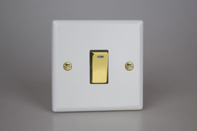 Varilight Matt White Vogue 20A Double Pole Polished Brass Rocker Switch