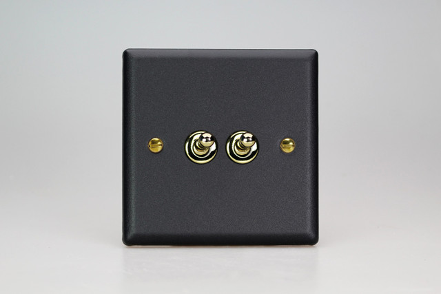 Varilight Matt Black Vogue 10A Intermediate Polished Brass Toggle Switch (1-2 Gang)