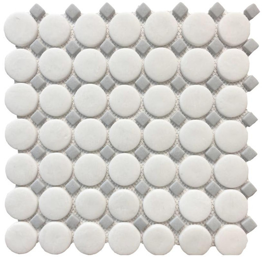 Penny Round White with Grey Dot Glass Mosaic 12x12 - EACH