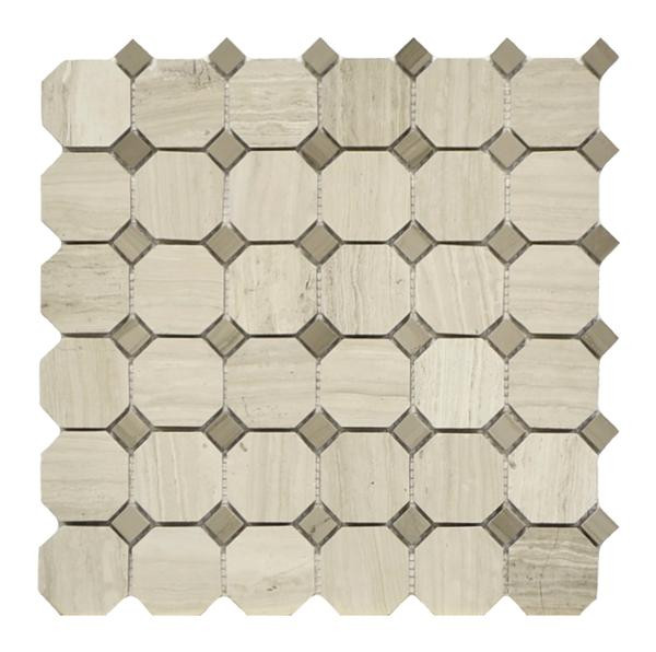 Wooden White Octagon w/Grey Dot Mosaic Polished 12x12 - EACH