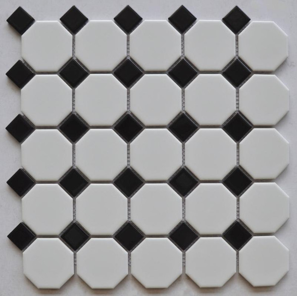 White Porcelain 2" Octagon w/Black Dot Mosaic - EACH