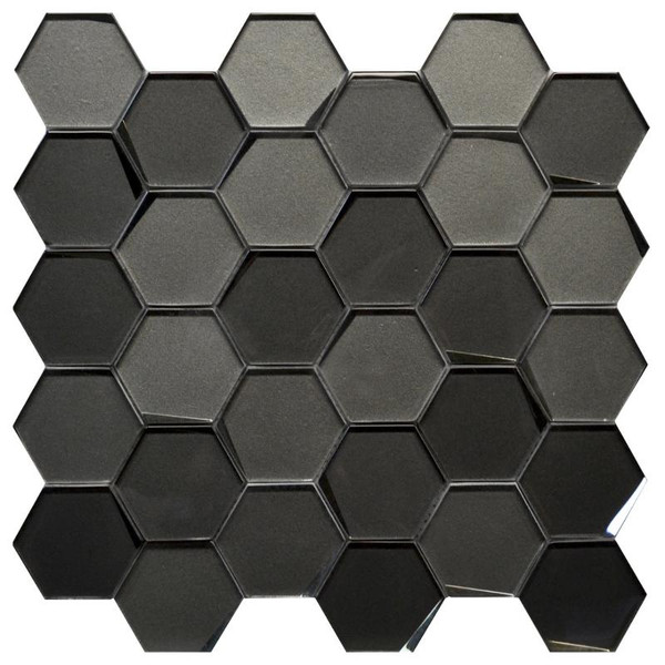 Beveled 3" Grey Mist Blend Hexagon Glass Mosaic - EACH