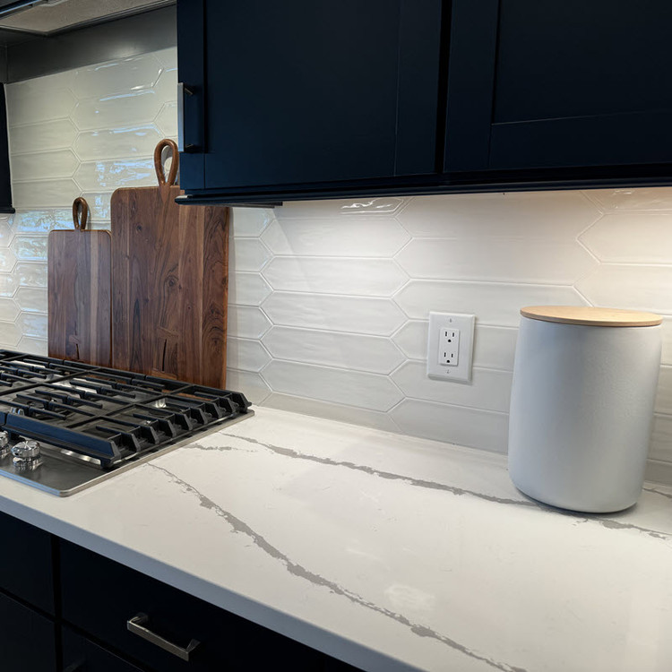 Picket Tile, Fish Scale, Subway, White Geometric Patterns, and Porcelain Tile Backsplash Ideas