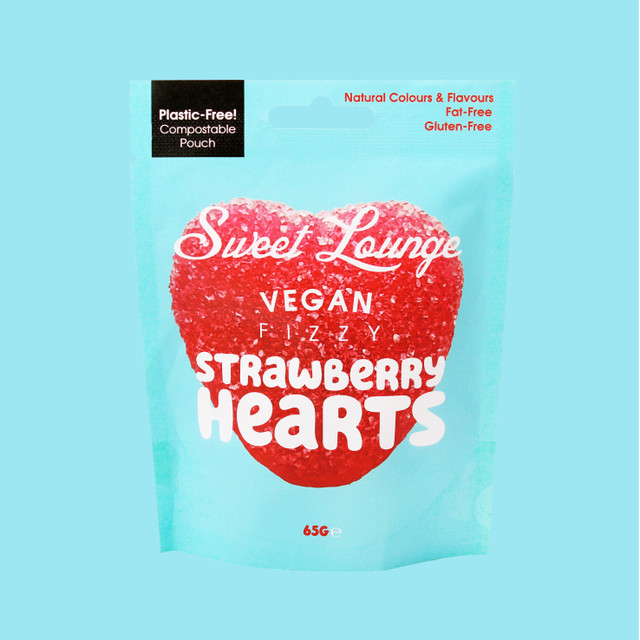 Vegan Fizzy Strawberry Hearts (Plastic-free) 65g