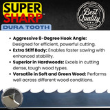 8° Hook Angle: Ideal for aggressive cutting, this tooth profile ensures smooth and fast performance across hardwoods and softwoods.