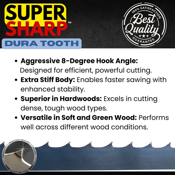 Super Sharp DuraTooth™ bandsaw blade features: aggressive 8-degree hook angle, T4 Metal Fusion™ composition, extreme cutting speed and durability.