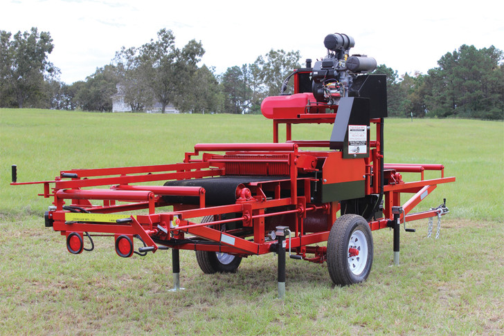 Front view of Cook’s AE-354P diesel board edger with 35hp Yanmar engine and trailer package