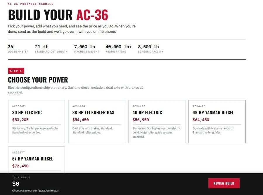 Build Your AC-36 webpage showing electric, gas, and diesel power configurations and the Review Build button.