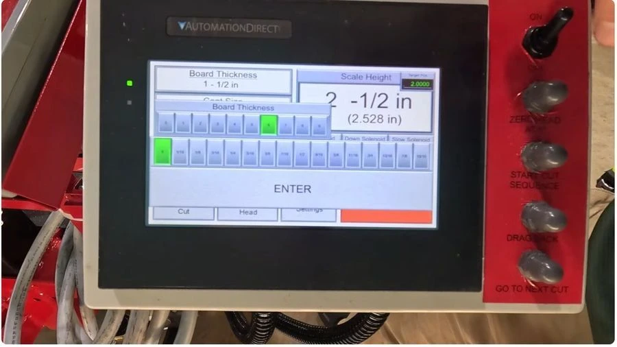 Touchscreen board-thickness entry panel with whole-inch and fractional-inch selections.