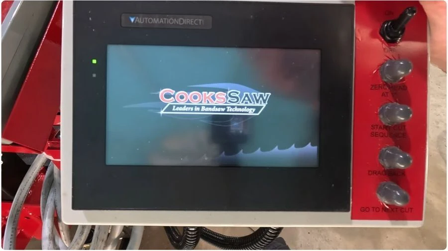 Cook&rsquo;s Saw startup screen on the Computer Setworks touchscreen beside the physical control buttons.